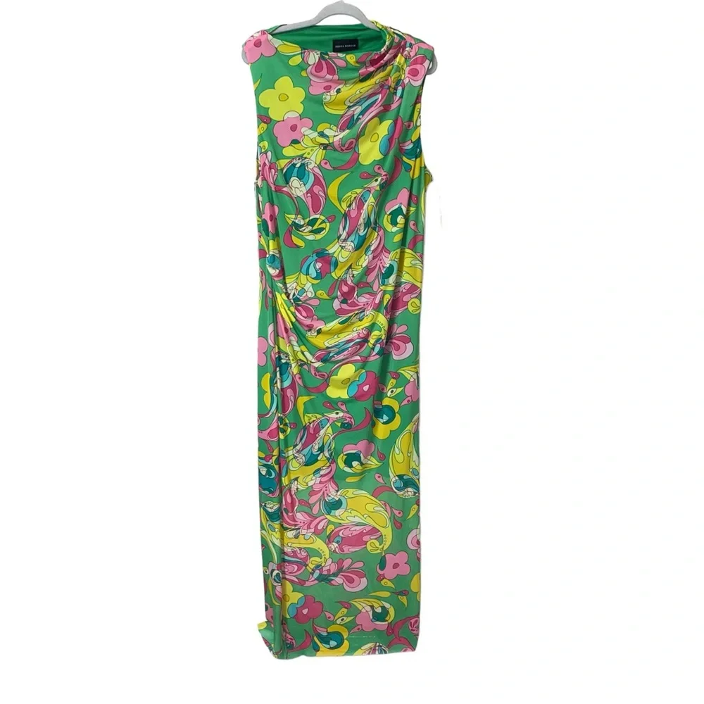Donna Morgan multicolor green paisley floral pleat shirred overlay Dress size 20 - Picture 3 of 14